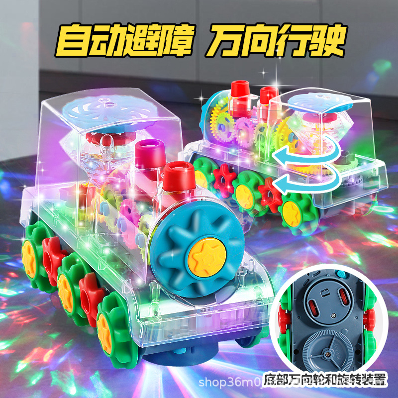 Juguetes de tren eléctrico para niños, engranajes universales, luz transparente, música giratoria, modelo de tren de juguetes al por mayor