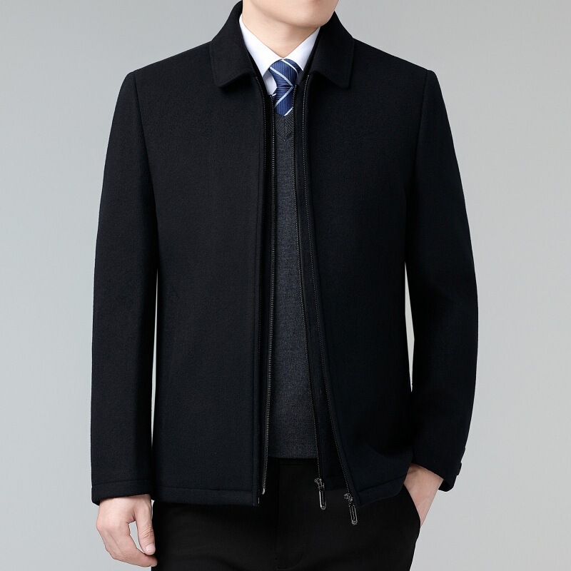 Winter Cashmere Jacket Men's Thickeneded Middle-Aged down Lining Woolen Outwear Two-Piece Lapel Warm Jacket