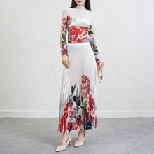 欧美跨境时尚套装女秋季新款褶皱弹力上衣半身裙两件套印花连衣裙