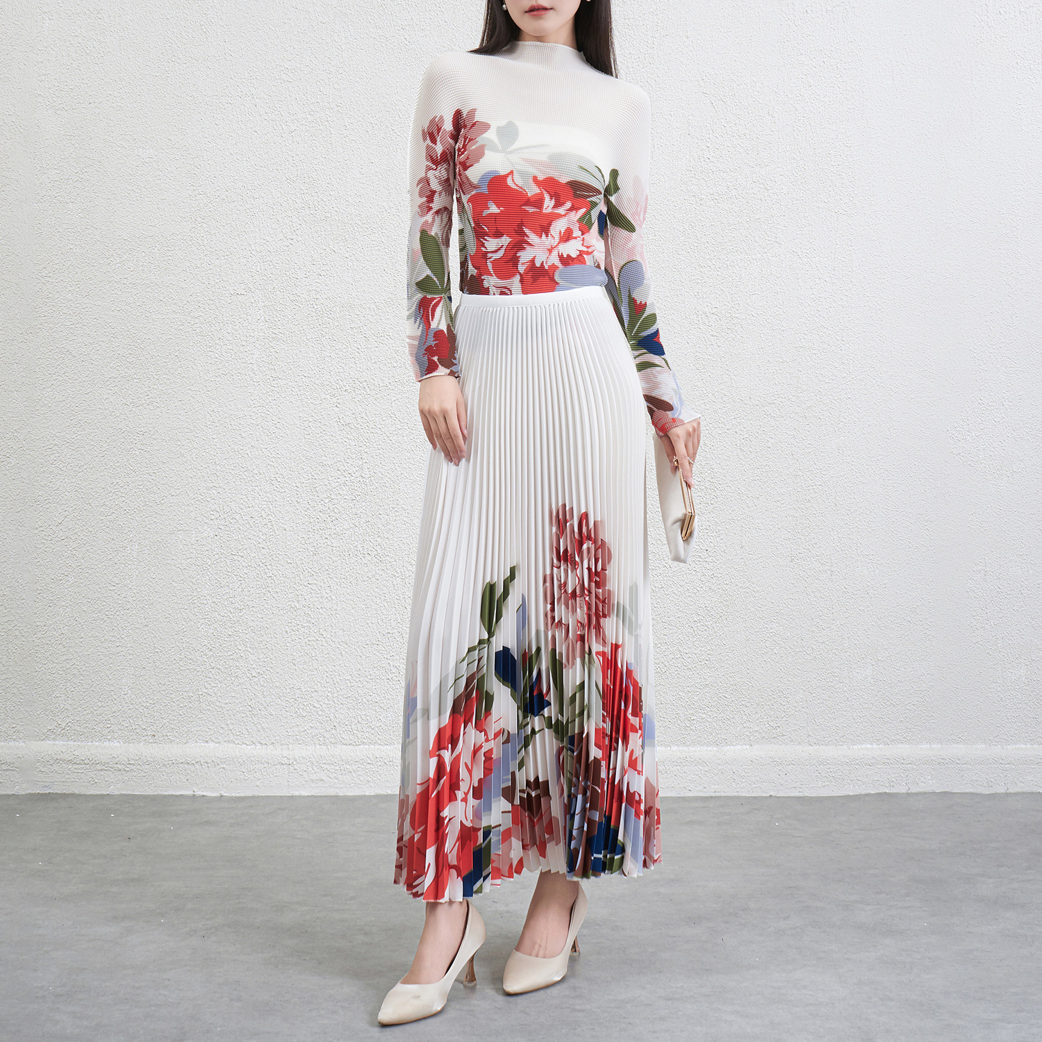 欧美跨境时尚套装女秋季新款褶皱弹力上衣半身裙两件套印花连衣裙