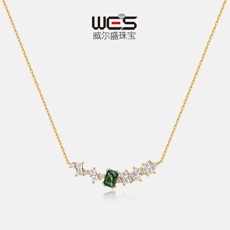 Transfronterizo personalizado al por mayor S925 plata verde musgo piedra collar mujer agua hierba ágata cadena de clavícula luz lujo estilo europeo y americano