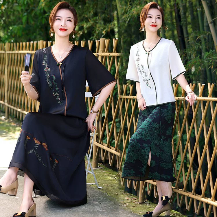 Новая летняя модная рубашка с короткими рукавами и вышивкой в ​​китайском стиле для мамы в национальном стиле, женская одежда среднего и пожилого возраста с косыми лацканами в стиле ретро