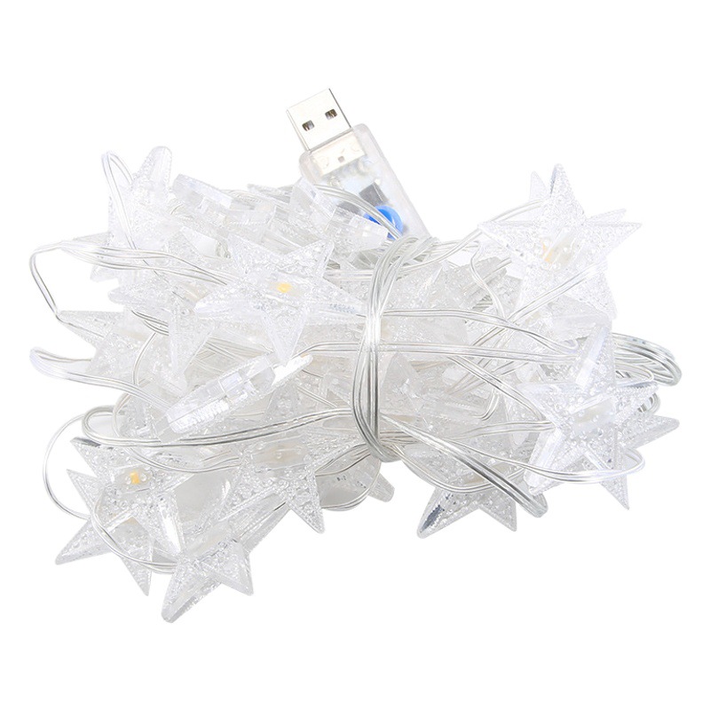 Perla estrella de cinco puntas Cadena de luz solar de alambre de cuero USB luz al aire libre impermeable camping Navidad decoración de vacaciones Cadena de luz de colores