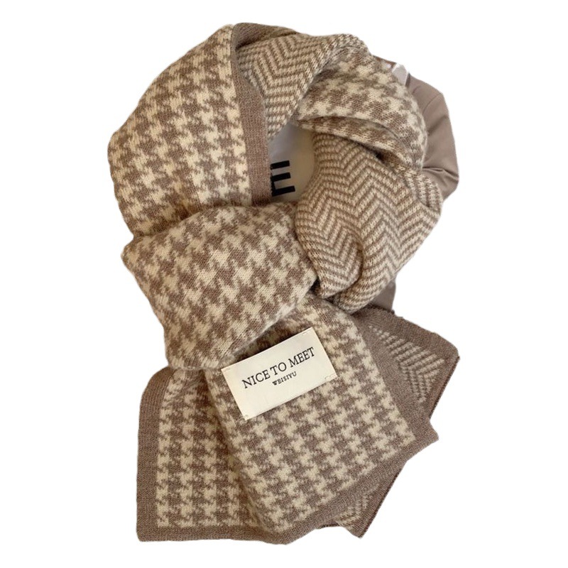 Korean Style New Houndstooth Knitted Double-Sided Autumn and Winter Warm Fashion Classic Neck All-Match Couple Trendy Scarf for Women