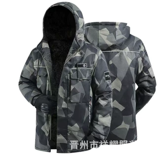 男冬季棉大衣迷彩连帽棉服加绒加厚防寒服劳保棉袄工作服