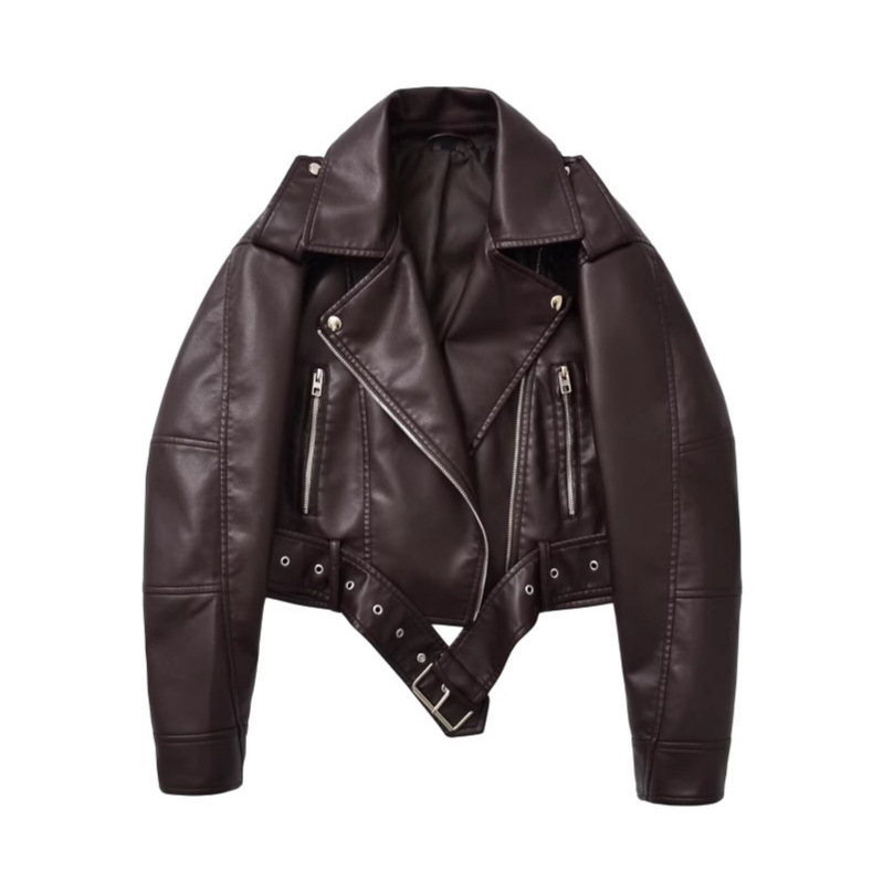 Za Cross-Border European and American 2025 New Women's Retro Motorcycle Leather Jacket Short Belt Imitation Leather Bomber Jacket