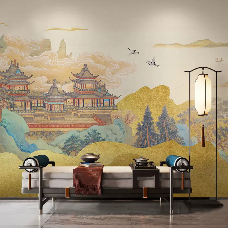 3D新中式墙布古风山水画壁纸酒店饭店包厢轻奢客厅茶室电视直播间
