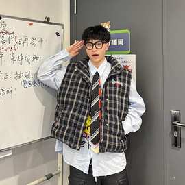 美式格纹无袖马甲棉服宽松秋冬新款男女复古叠穿情侣外套上衣潮