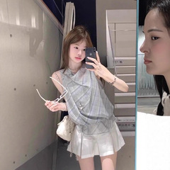 雪纺衫荡领挂脖无袖背心女夏季2025新款气质甜美蓝色格子衬衫上衣