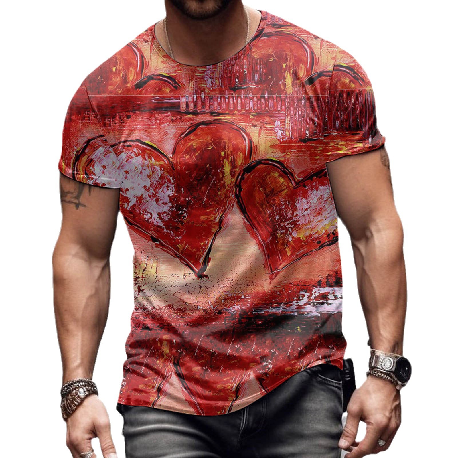 Moda romántica Día de San Valentín colorido amor 3D cepillado lleno de impresión de los hombres calle alta suelta transpirable camiseta de manga corta en stock