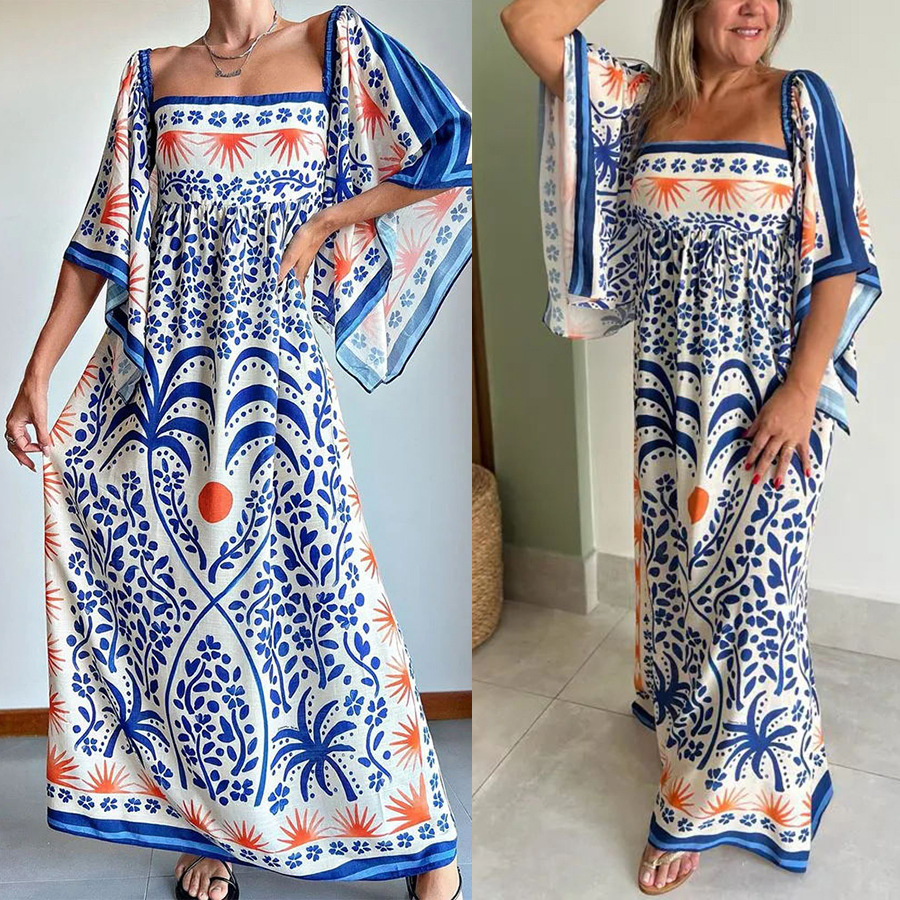 Women's Regular Dress Casual Boat Neck Backless Nine Points Sleeve Printing Maxi Long Dress Daily Tea Party display picture 1