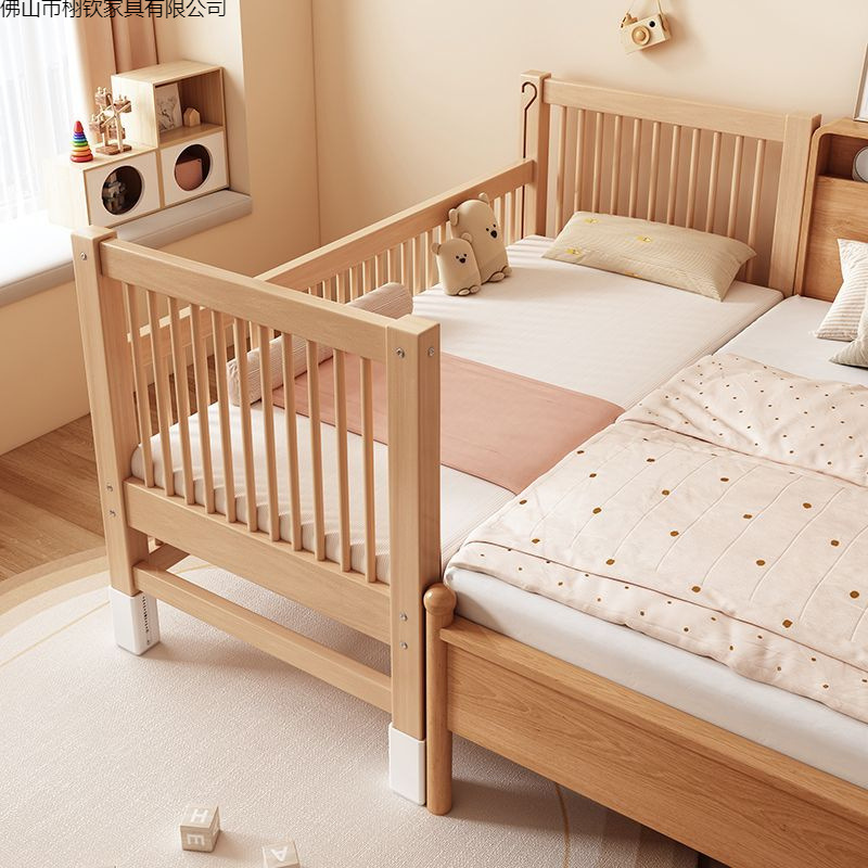 Beech Children's Spliced ​​Bed Solid Wood Children's Bed Liftable Guardrail Spliced ​​Large Bed Children's Bedside Bed Crib