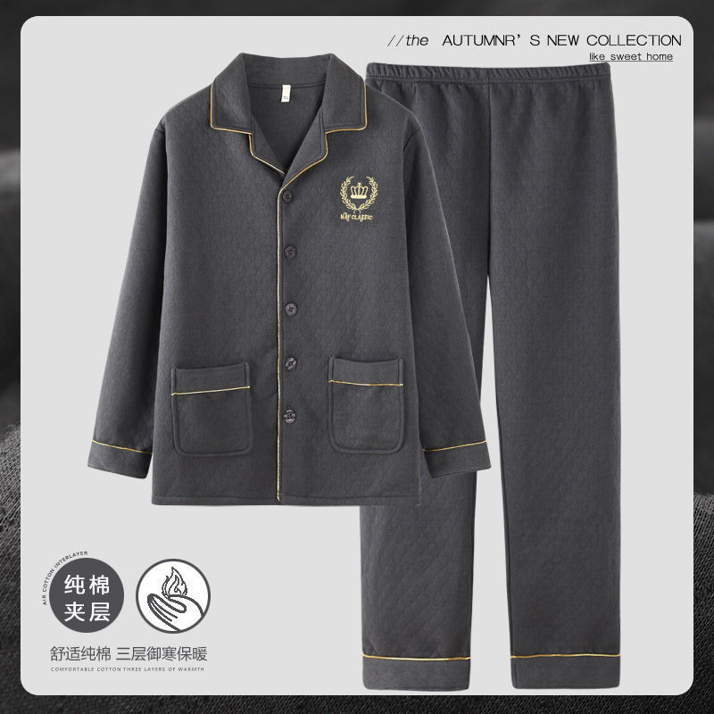 El otoño y el invierno 100% algodón espesado pijamas de los hombres de invierno capa intermediaria traje de primavera y otoño de algodón de aire desgaste del hogar