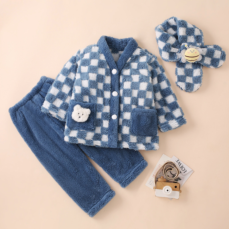 Children's Flannel Home Suit for Boys and Girls Children's Baby Thickened Checkboard Coral Fleece Pajamas Autumn and Winter