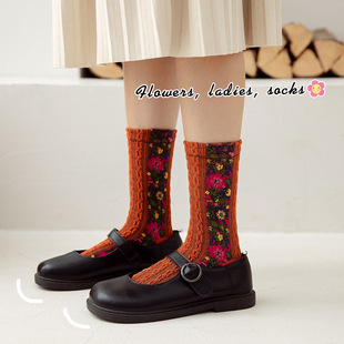 2024 New Mid-Tube Spring and Summer Style European and American Retro Ethnic Style Flower Women's Socks Floral Manufacturer Wholesale Dropshipping