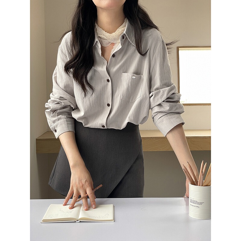 【Goming】Versatile Everyday POLO Collar Loose Long Sleeve Shirt for Women, Autumn Guangzhou Thirteen Lines Shirt SN1329