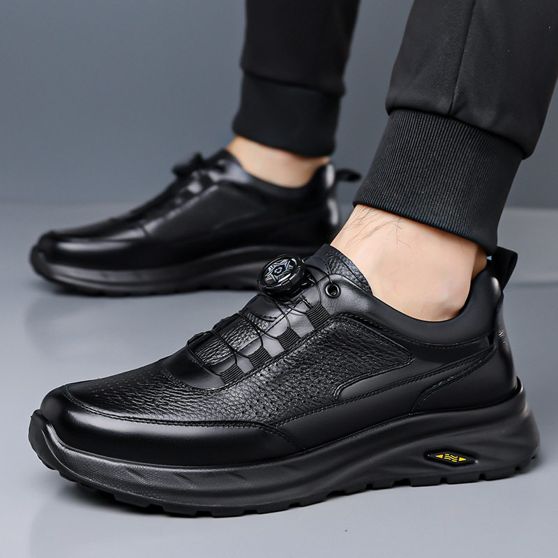 Giày lười nam da bò thật mũi tròn, đế PU êm nhẹ chống trượt, phong cách thể thao casual — D1806 Đen