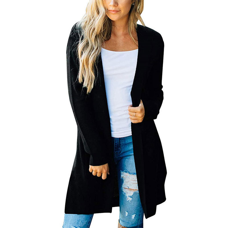 2025 European and American Style Sweater Coat, Solid Color, Long Women's Cardigan with Long Sleeves, Front Placket, Hooded Knit Sweater with Double Pockets