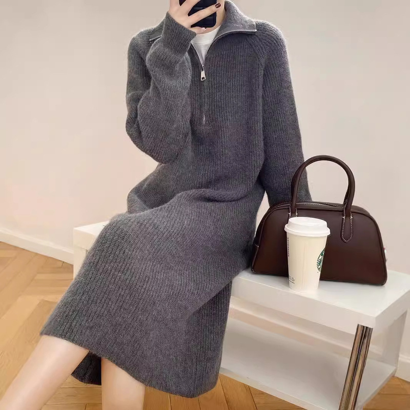 Zipper Lapel Knitted dress Women's Autumn and Winter Vintage Long High Collar Sweater Dress Straight French Long Sleeve Base Dress Zipper Lapel Knitted dress Women's Autumn and Winter Vintage Long High Collar Sweater Dress Straight French Long Sleeve Base Dress