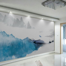 抽象新中式蓝色水墨山水壁画墙布客厅沙发装饰电视背景墙纸壁纸