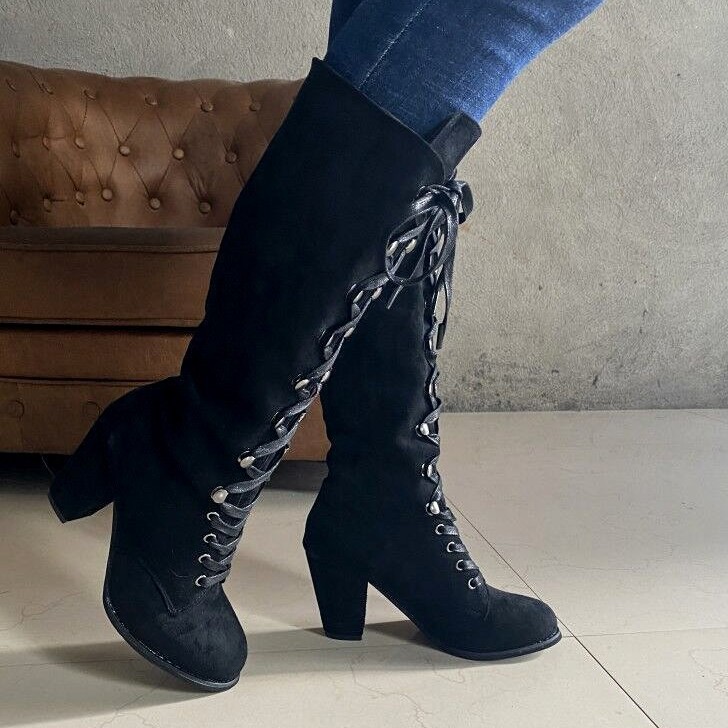 Women's Plus Size High Heeled Fashion Boots Chunky Heel Suede Cross Strap Long Boots European American Style Winter Slimming_vogvips.com