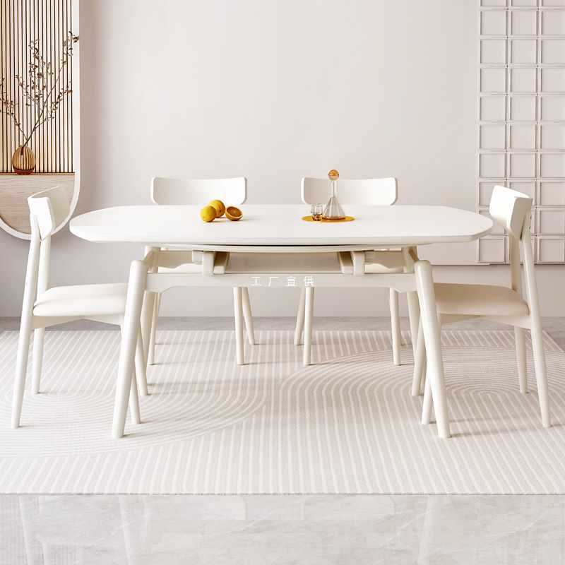 法式奶油风实木岩板餐桌家用小户型伸缩饭桌可方圆两用餐桌椅组合