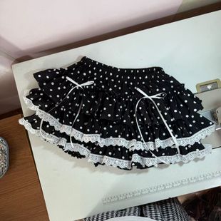 波點黑色女顯瘦蛋糕半身裙春夏秋季甜美蕾絲花邊蝴蝶結蓬蓬短裙褲