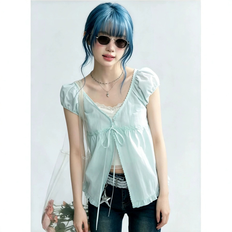 Horrid Map Ii "Mint Morning Light" Lace-Trimmed Bow-Tie V-Neck Puff-Sleeve Cardigan Top