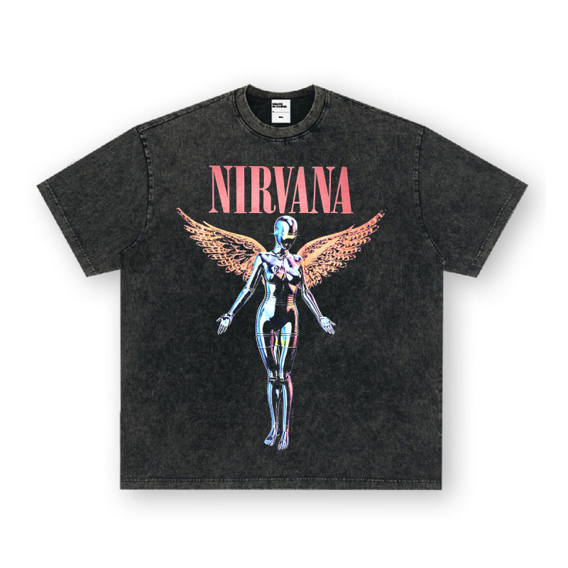 NIRVANA ロックアメリカン 3D デジタルプリントレトロ半袖 T シャツクロスボーダープリントアメリカンファッションヴィンテージ模造綿|undefined