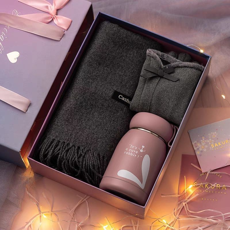 Gray scarf + german velvet gloves + thermos cup + rabbit + brooch