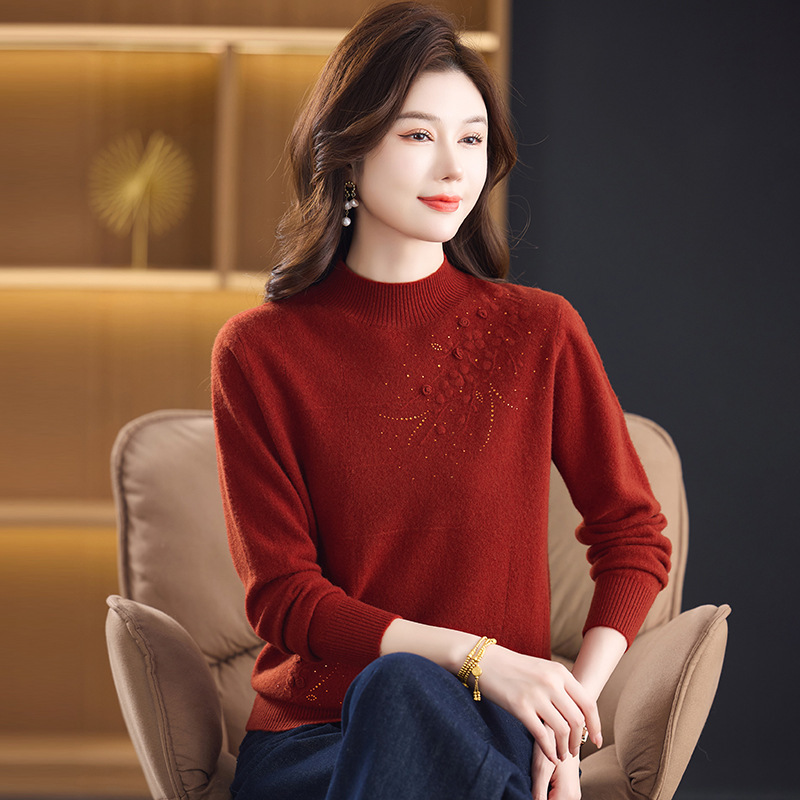 100% Pure Wool Women's Sweater Autumn and Winter New Style Middle-Aged and Elderly Mothers Knitted Warm Half Turtleneck Bottoming Shirt