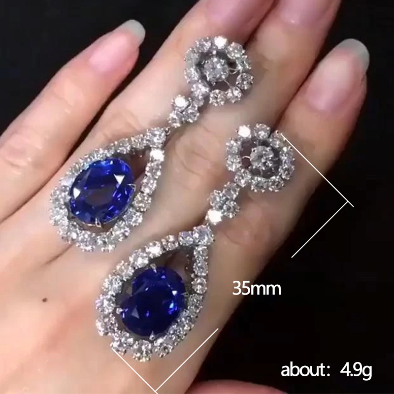 New Earrings Female Inlaid Sapphire Blue Zircon Long Copper Earrings Wholesale display picture 1