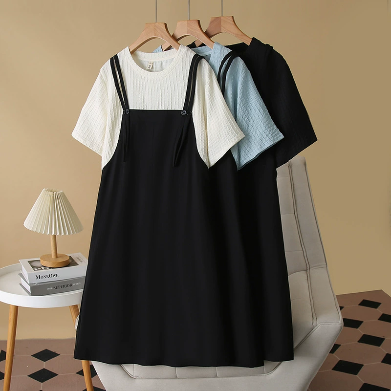 2025 женское летнее платье больших размеров, новый стиль 100kg года, французское тонкое платье из двух частей с короткими рукавами для полных девушек 672