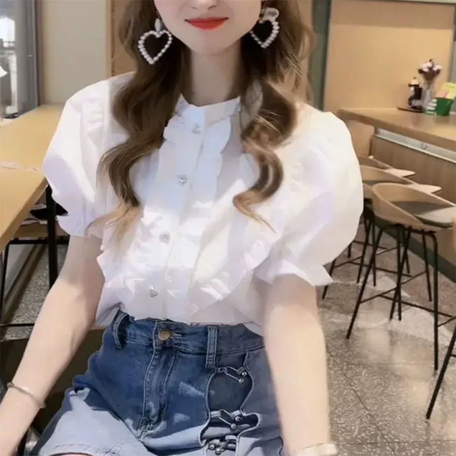 Белая рубашка с пышными рукавами во французском стиле для женщин, лето 2023, новые нишевые шикарные топы с короткими рукавами