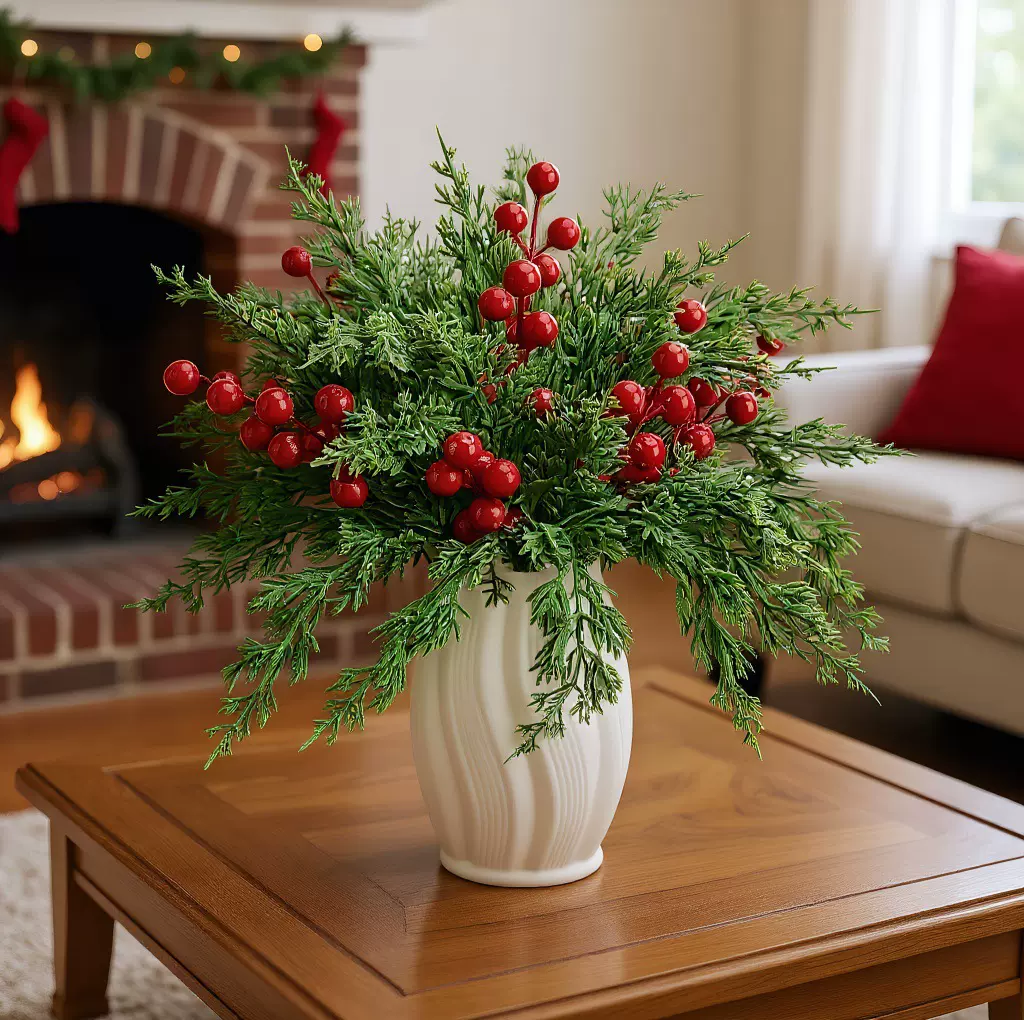 亚马逊仿真松针松柏支红浆果绿植组合圣诞家居餐桌插花装饰摆件批