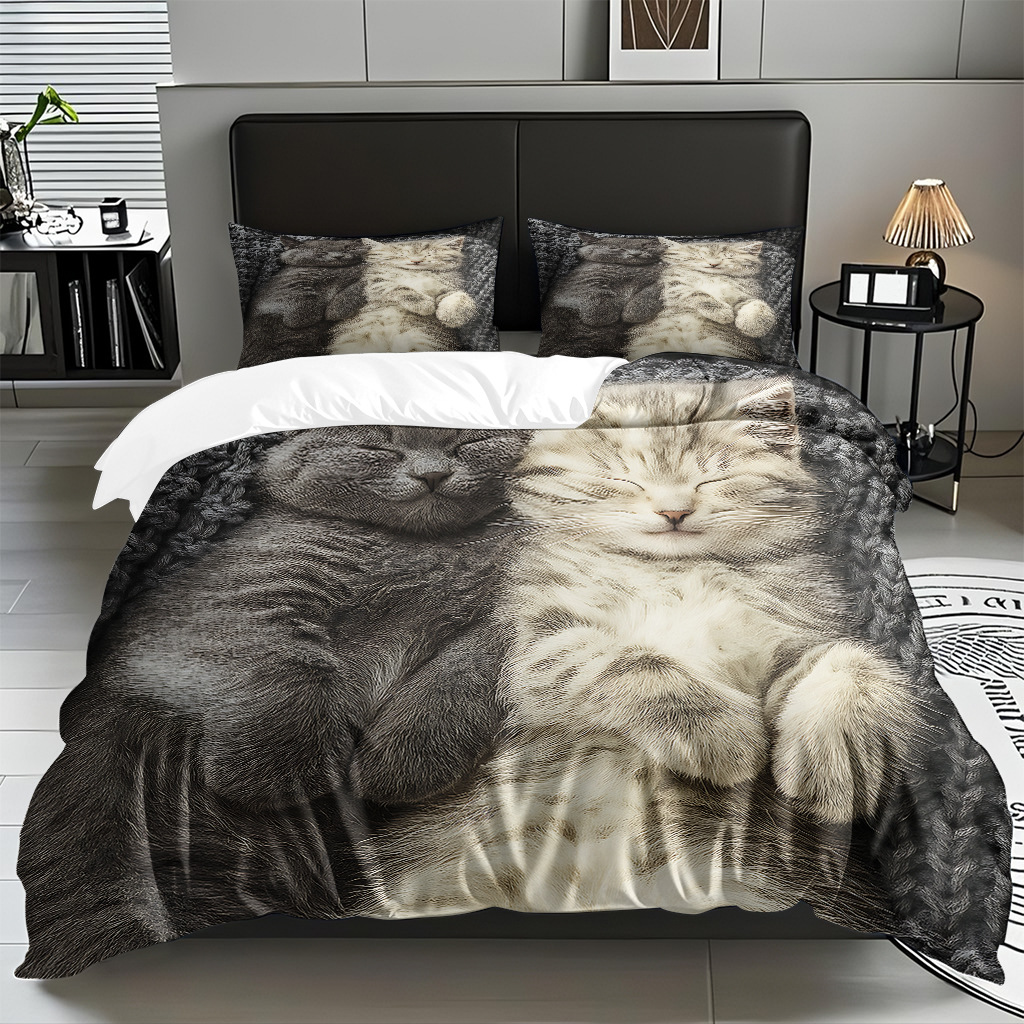 TEMU / JIT adorable gatito impresión digital suave set de colcha de edredón textil para el hogar se puede diseñar venta directa de fábrica