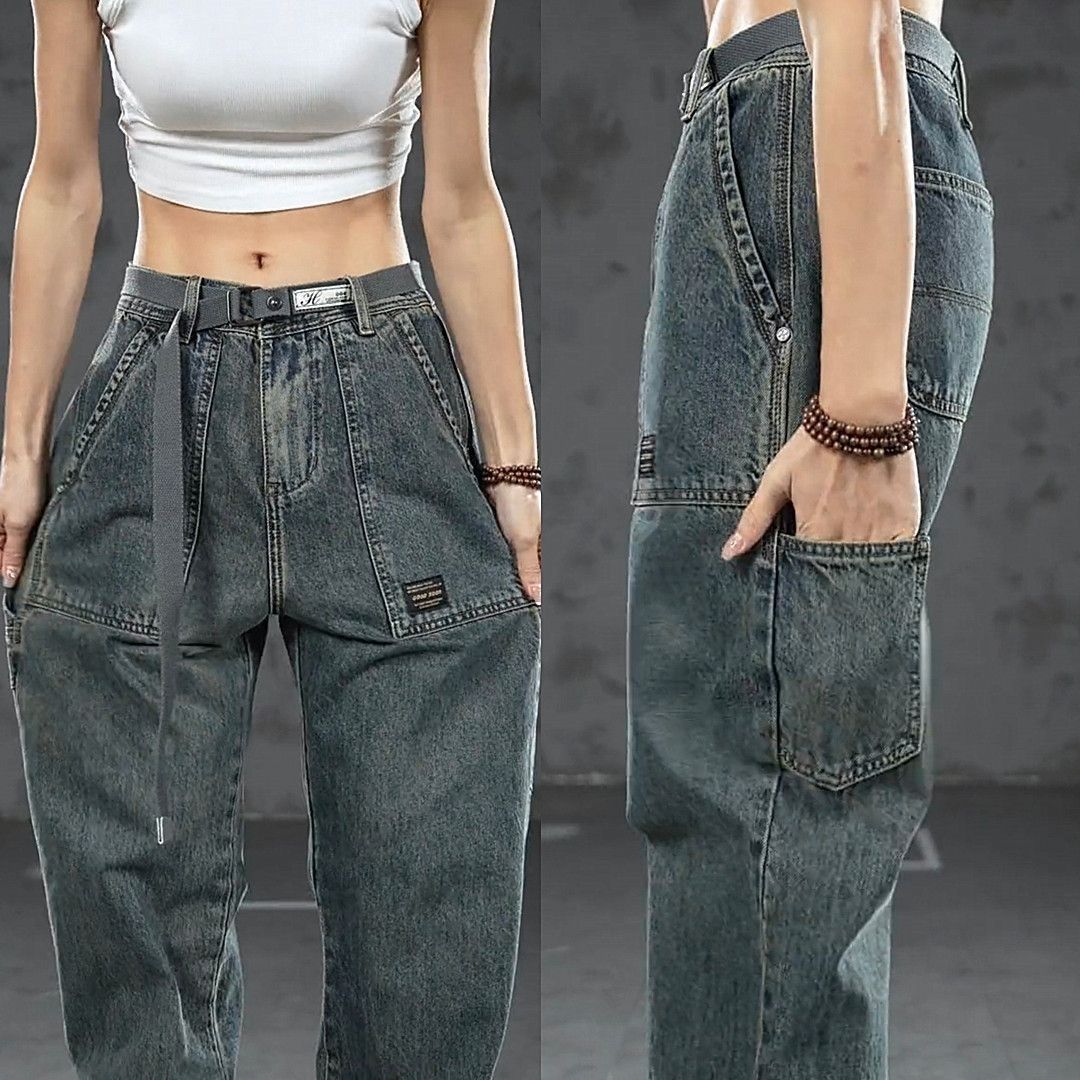 boy Men's Autumn Winter American Retro Hot-Selling Cargo Jeans Trendy New Pocket Casual Loose Long Pants_viptrois.com