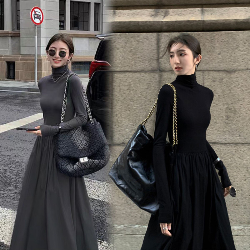 Hepburn style high collar fashion Western style dress 2024 spring new waist slimming inner wear over the knee dress women