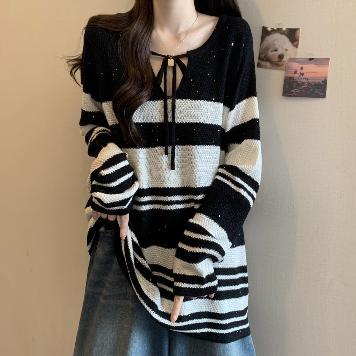 大码连帽条纹领针织衫毛衣女秋季胖显瘦中长款美拉德长袖上衣