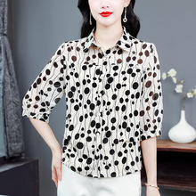 红色波点雪纺上衣女中袖小衫2025夏季新款宽松衬衫妈妈七分袖衬衣