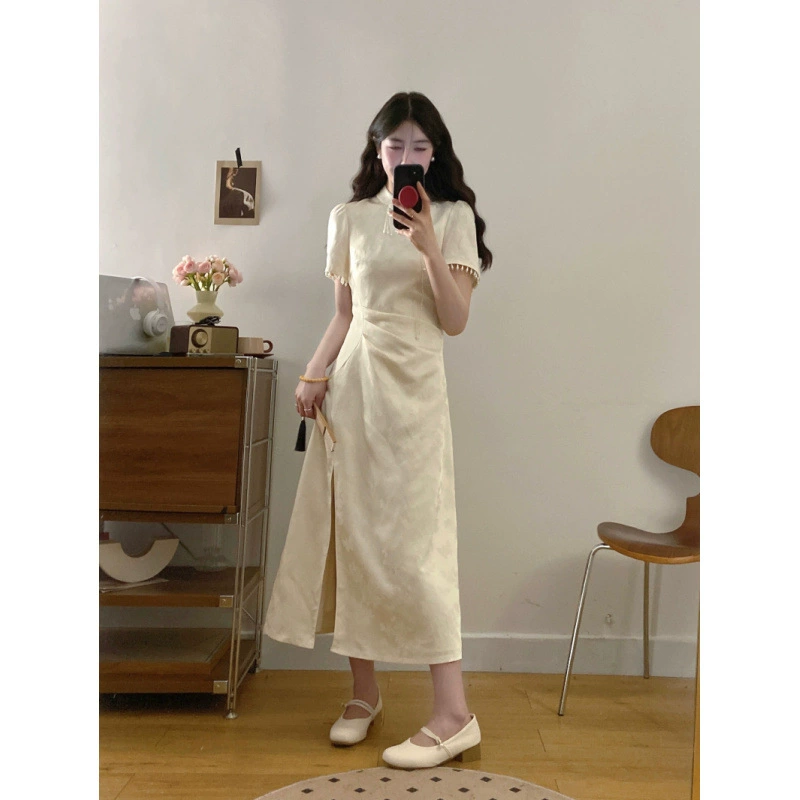 Новое китайское жаккардовое платье больших размеров для лета, улучшенное платье-чонсам, длинное утягивающее платье в китайском стиле в стиле ретро для полных женщин.