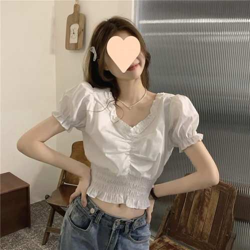 2025 Summer French Collar Puffed Sleeve Women's Design-Focused Waist Cinching Slimming Lotus Edge Short-Sleeve Top