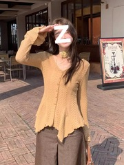 法式气质喇叭袖不规则收腰针织衫女装早秋美拉德棕色阔腿裤两件套