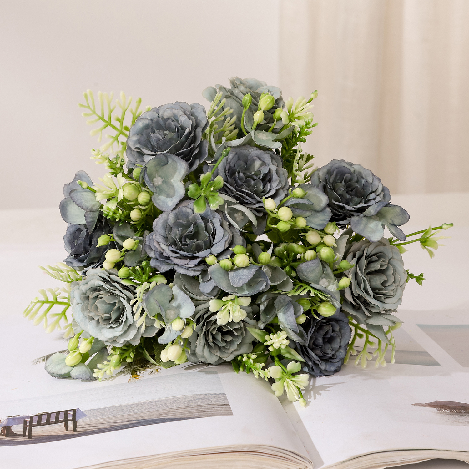 Flores artificiales, ramo decorativo, flores de plástico, rafia, peonía, rosa, arreglo floral, ramo individual, flores secas artificiales, decoración para sala de estar