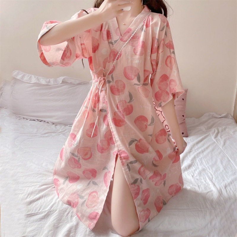 일본식 스위트 인 스타일 복숭아 인쇄 잠옷 여성 여름 여성 면 느슨한 반팔 목욕 가운 나이트 드레스 홈 옷