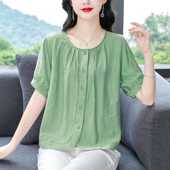 工場直売スポットシャツ夏服新型母服丸首綿麻ゆるい大きいサイズ上着半袖シャツ女