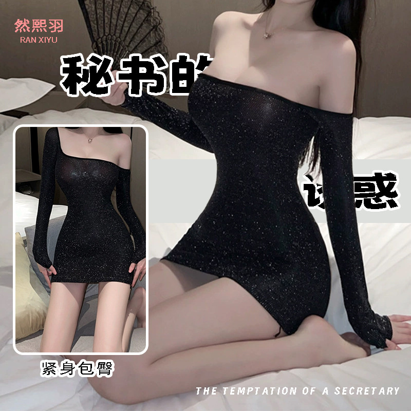 Low cut off shoulder sexy lingerie sexy hot girl tight hip small black dress long sleeve dress passion free