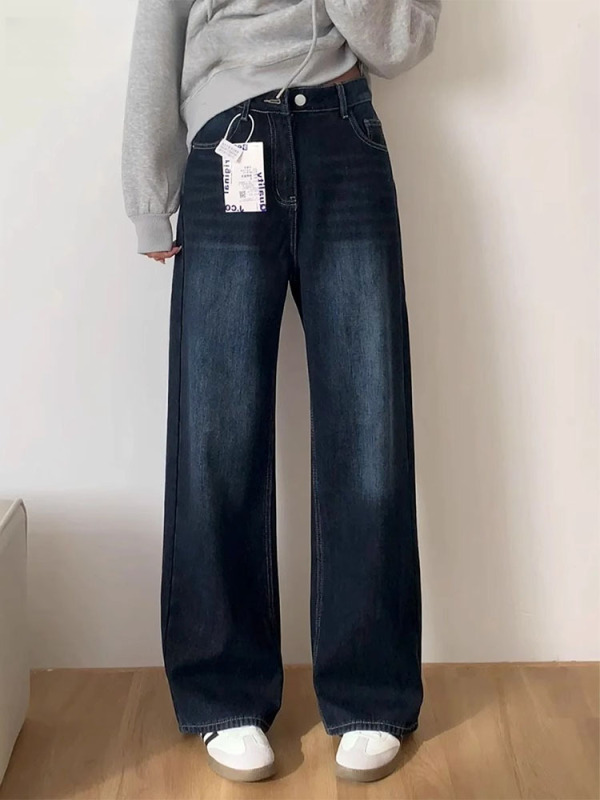 大码胖mm蓝灰色直筒牛仔裤女2025夏季新款高腰宽松显瘦垂感阔腿裤|undefined