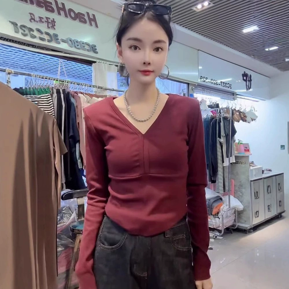 Корейская версия сплошного цвета сексуальная горячая девушка с V-образным вырезом с длинным рукавом футболка женская весна и осень новая тонкая и дикая нижняя рубашка