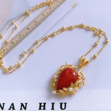 天然法式复古款吊坠项链玛瑙S925纯银镶嵌精致送家人心形爱心